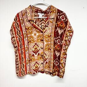 Cupcakes & Cashmere Button Up Blouse Large Women Boxy Fit Aztec Tribal Print NWT